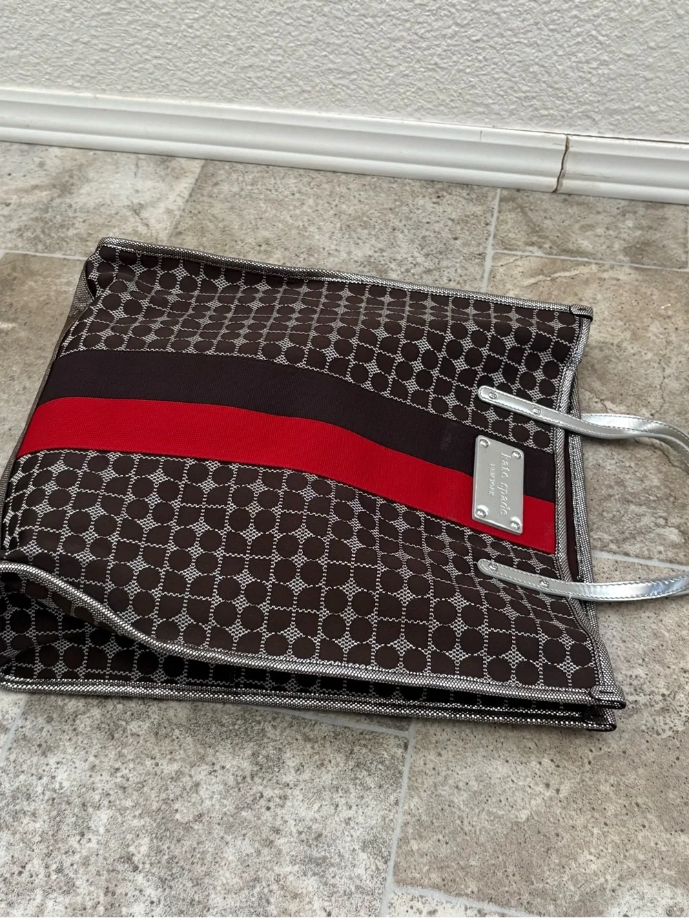 Brand New kate spade Brown Canvas Tote with Red Center Stripe
